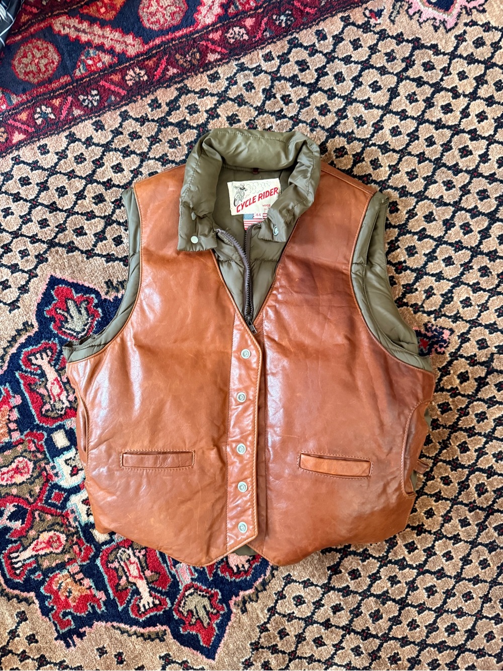 Vintage Men's Cycle Rider Brown Leather olive Puffer Vest